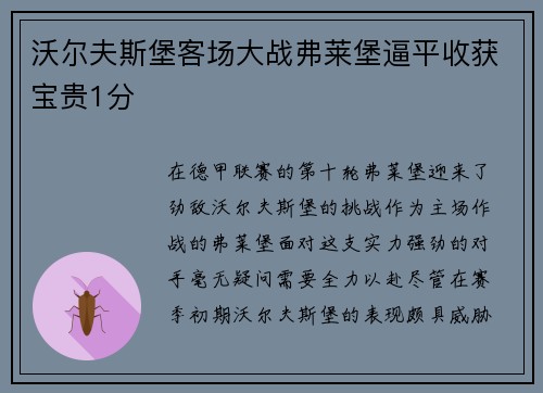 沃尔夫斯堡客场大战弗莱堡逼平收获宝贵1分