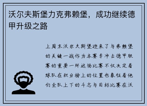 沃尔夫斯堡力克弗赖堡，成功继续德甲升级之路